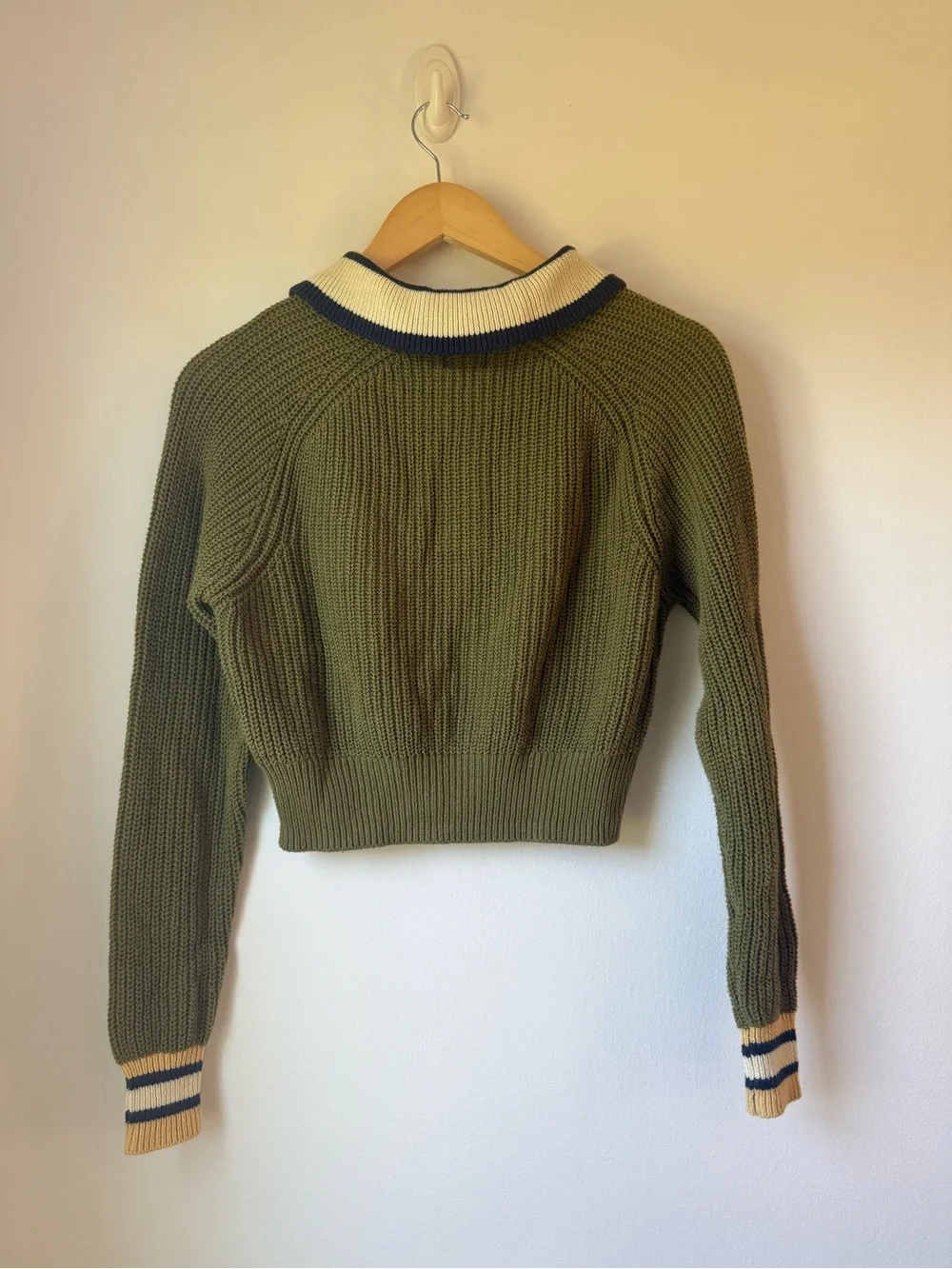 BDG Olive Green Knit Polo Cardigan with Cream & Navy Trim - Picture 5 of 5